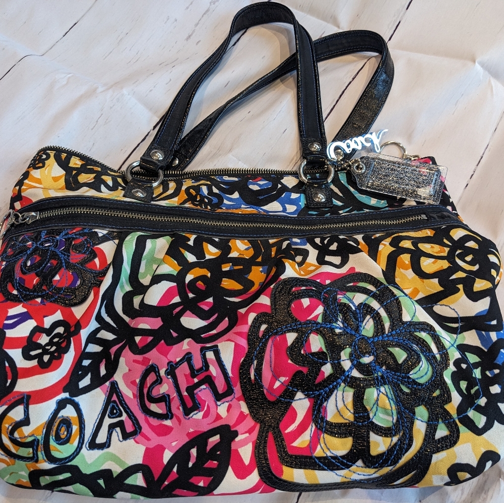 Coach Multicolor Floral Print Shoulder Bag - Black Handles - Picture 2 of 3